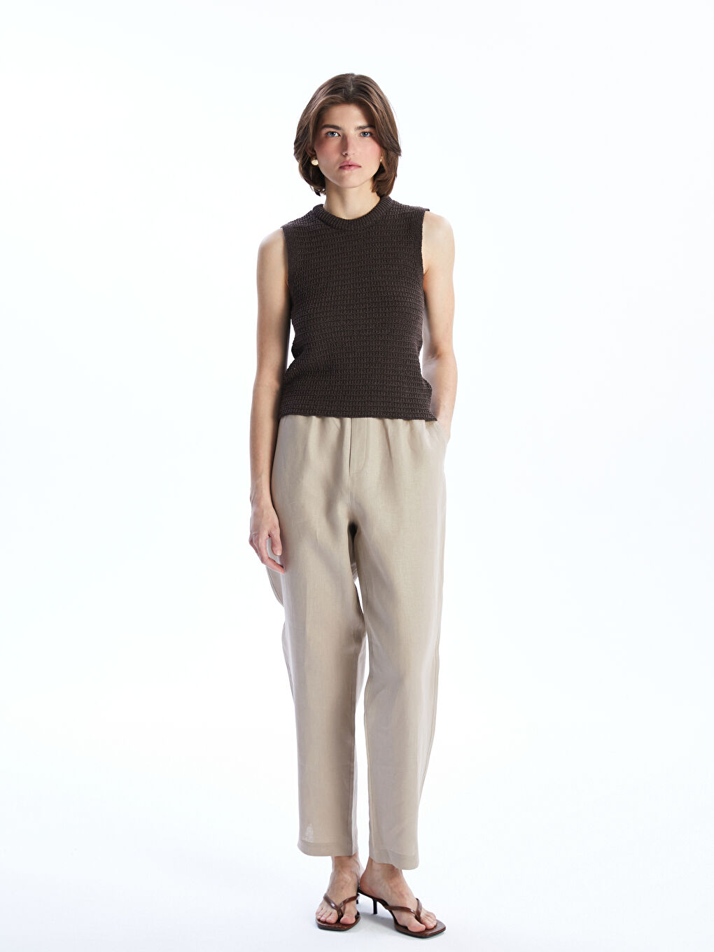 Kahverengi Bisiklet Yaka Kadın Triko Atlet-1