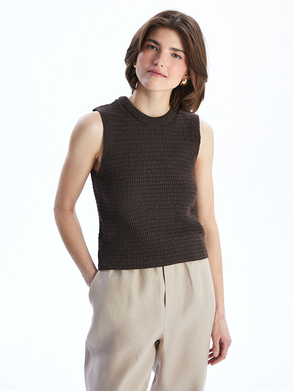 Kahverengi Bisiklet Yaka Kadın Triko Atlet-3