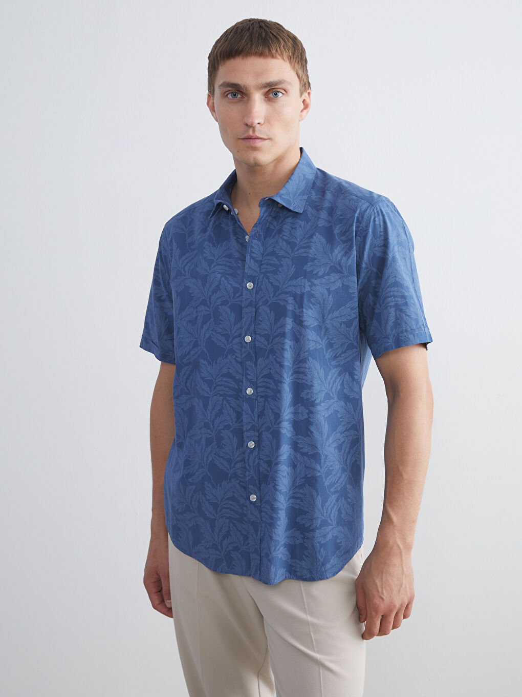 İndigo Slim Fit Kısa Kollu Desenli Poplin Erkek Gömlek