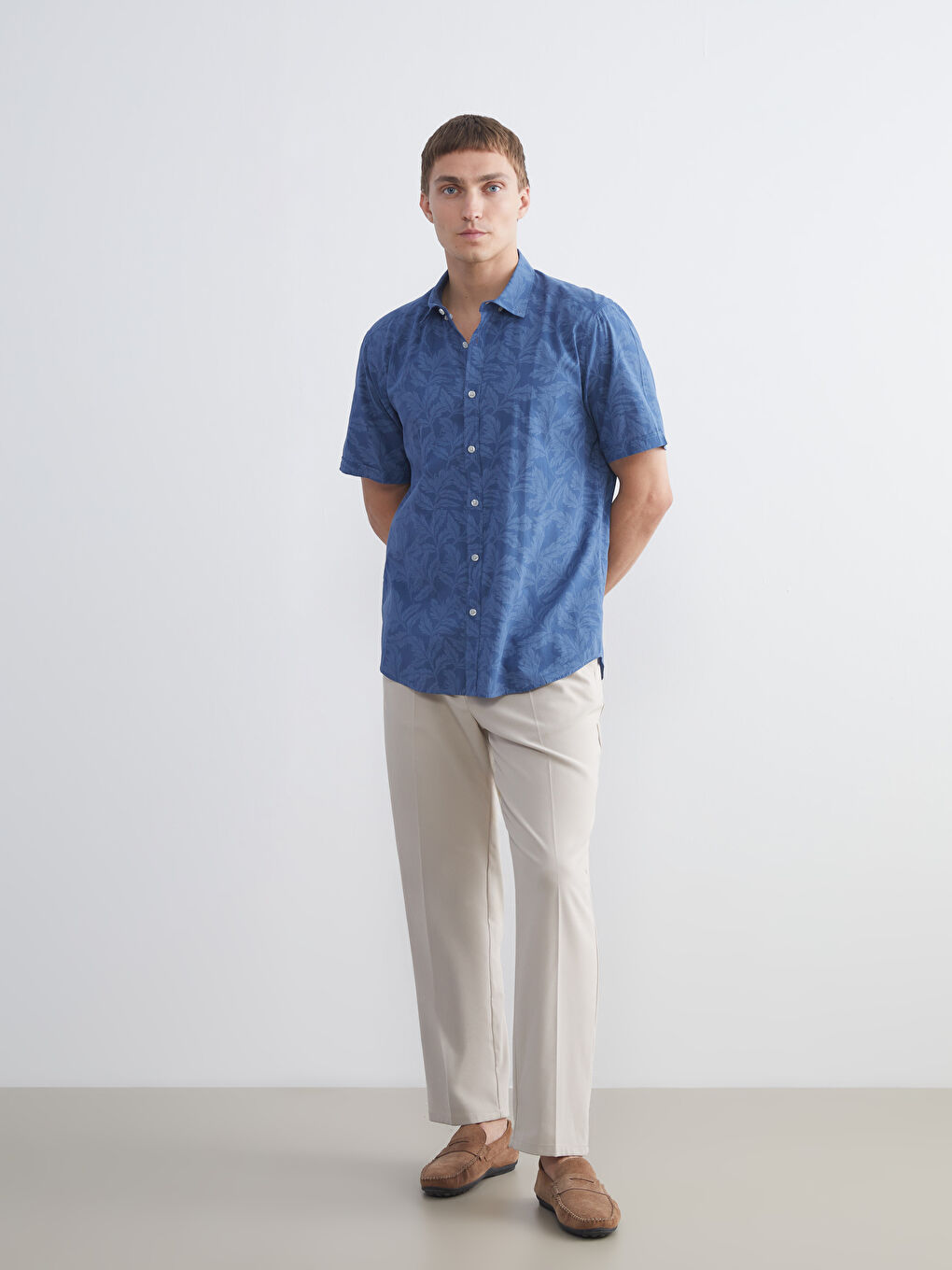 İndigo Slim Fit Kısa Kollu Desenli Poplin Erkek Gömlek-1