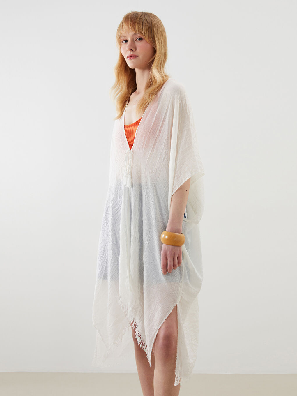 Ekru Şal Yaka Kadın Kimono-1