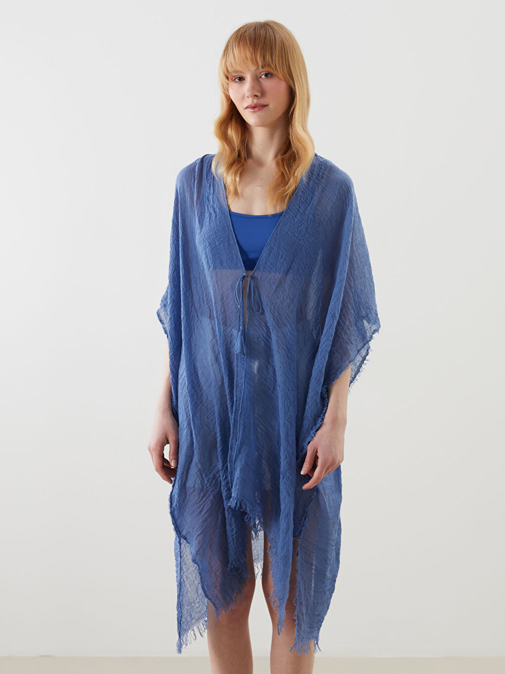 Mavi Şal Yaka Kadın Kimono-1