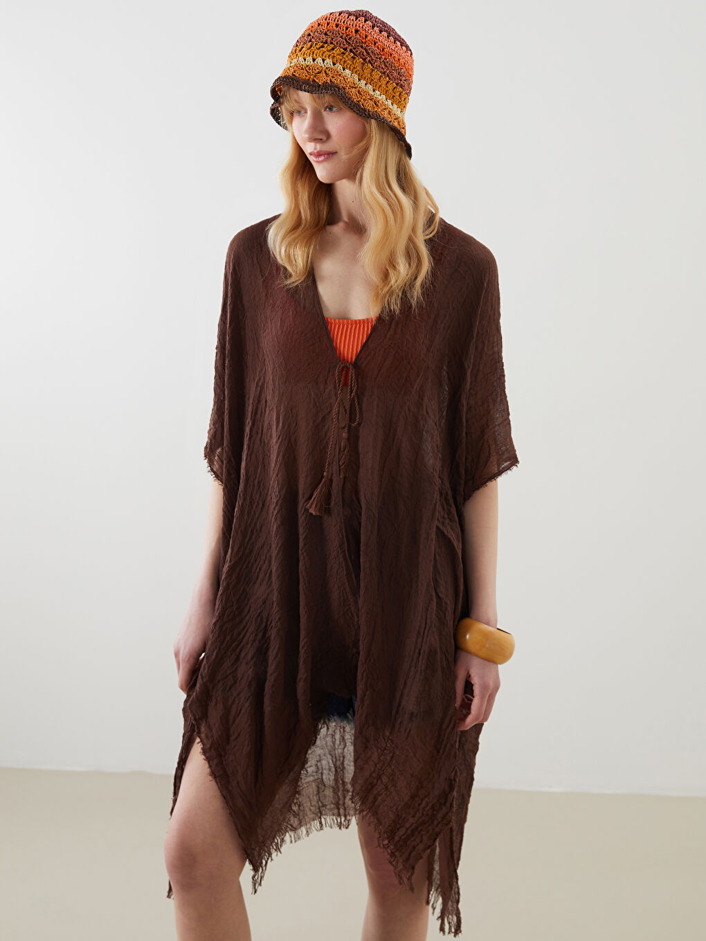 Kahverengi Şal Yaka Kadın Kimono-1