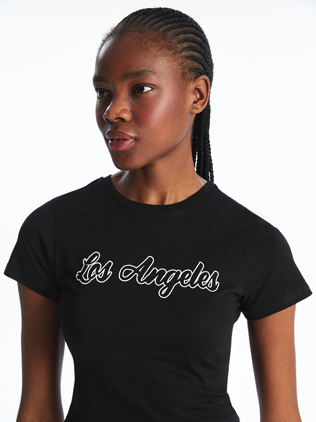 Siyah Bisiklet Yaka Los Angeles Baskılı Kadın Tişört