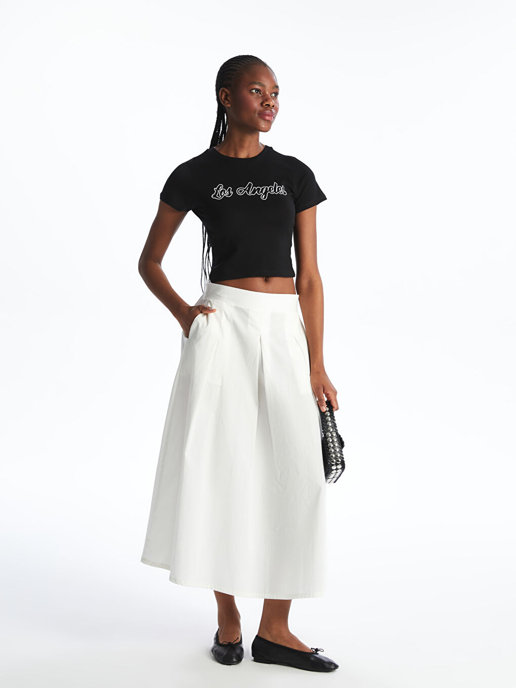 Siyah Bisiklet Yaka Los Angeles Baskılı Kadın Tişört-1