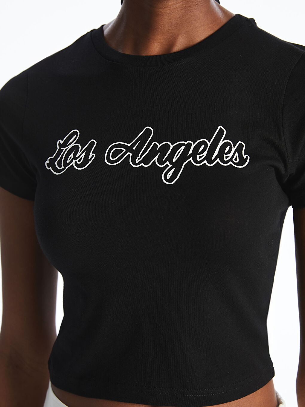 Siyah Bisiklet Yaka Los Angeles Baskılı Kadın Tişört-2