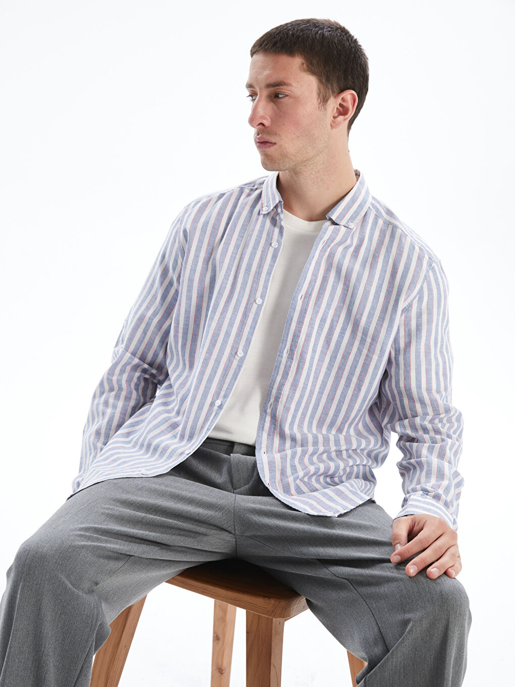 Mavi Slim Fit Uzun Kollu Çizgili Gömlek