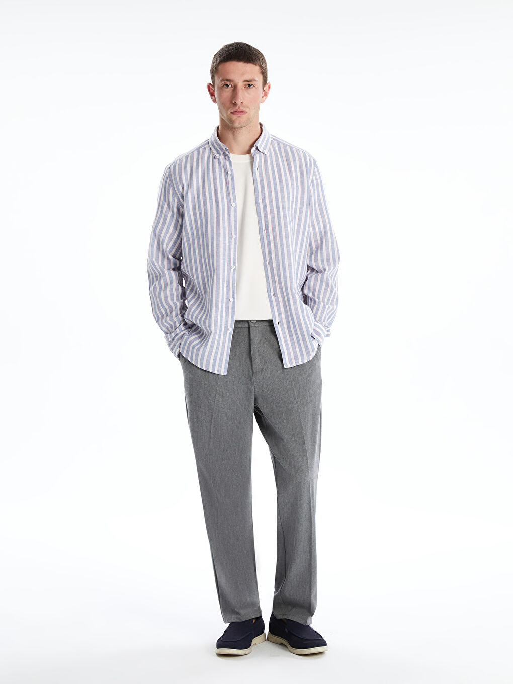 Mavi Slim Fit Uzun Kollu Çizgili Gömlek-1