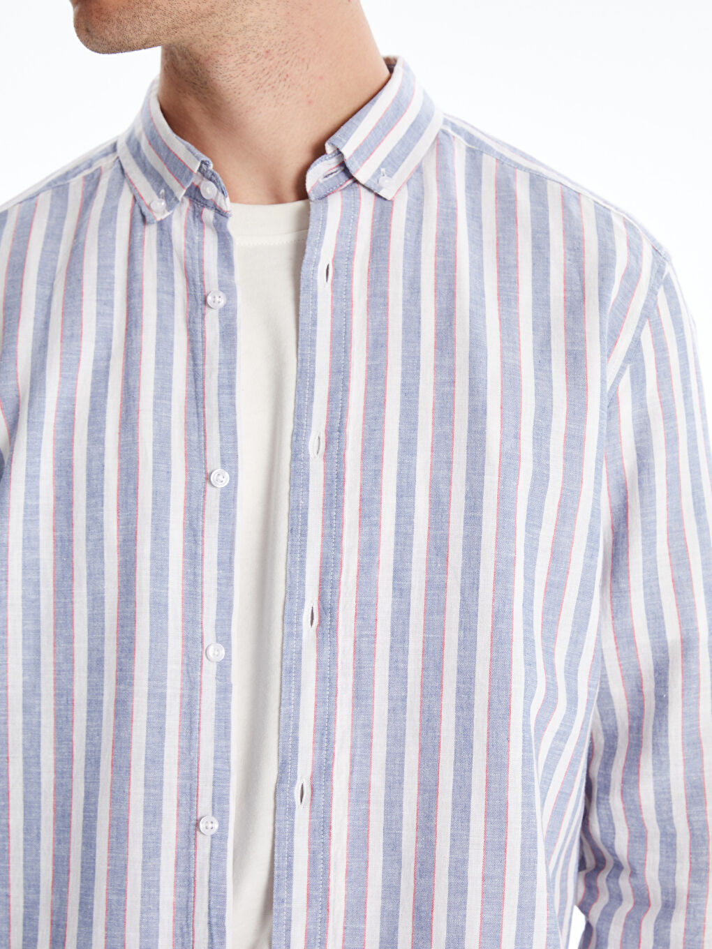 Mavi Slim Fit Uzun Kollu Çizgili Gömlek-2