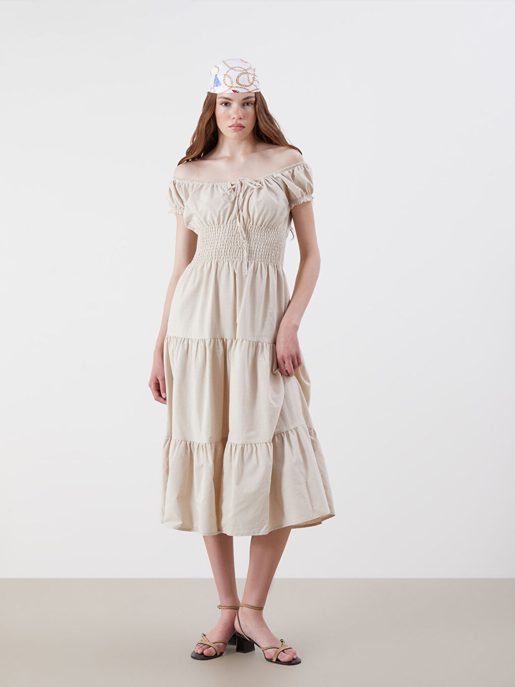 Bej Bağlamalı Yaka Gipeli Katkat Elbise-1