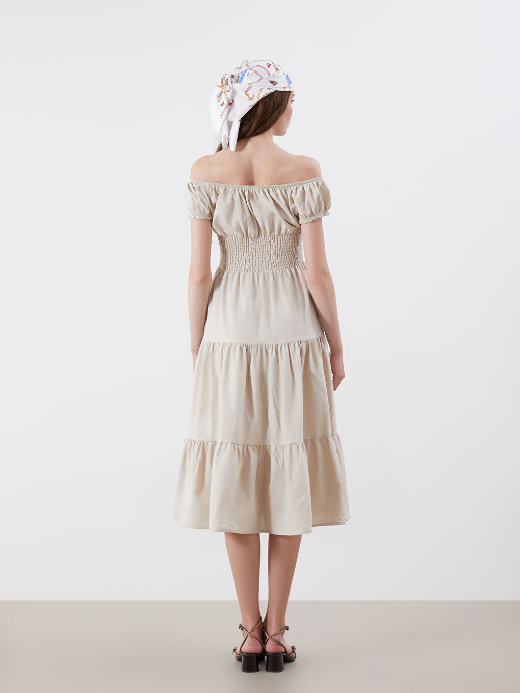 Bej Bağlamalı Yaka Gipeli Katkat Elbise-3