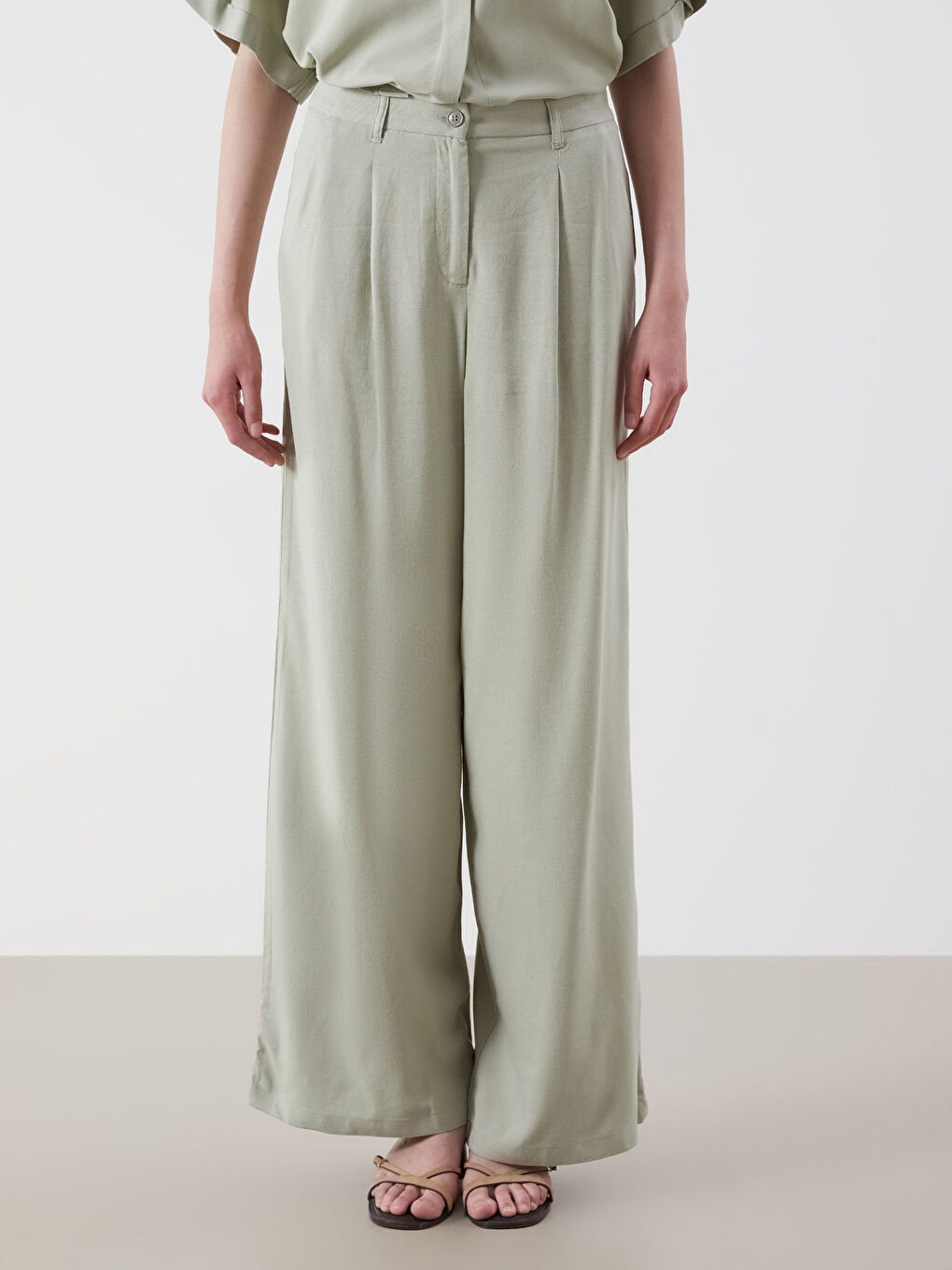 ქალის ფართო სელის ნარევი შარვალი-1