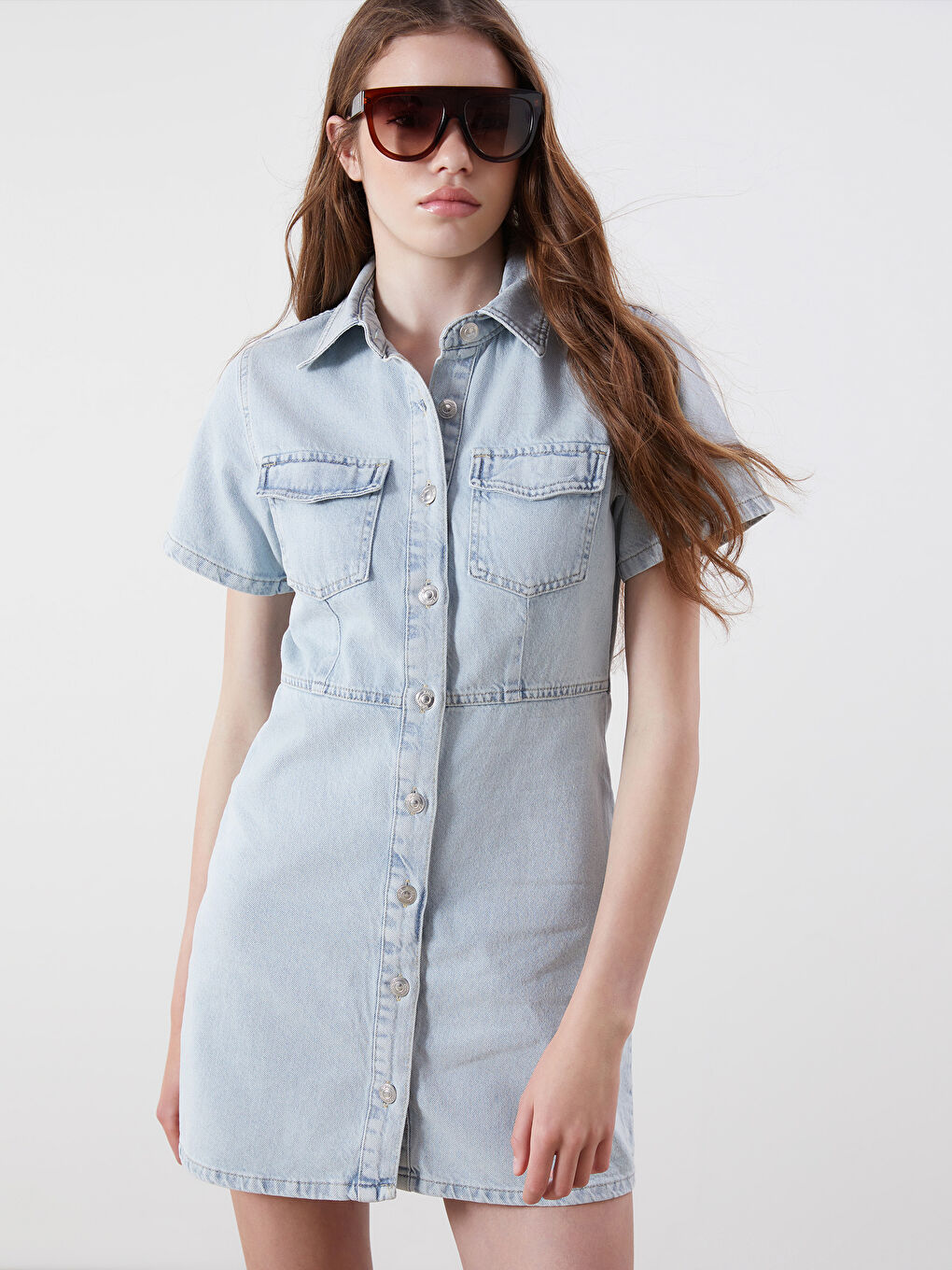 XSIDE Collared Neck Mini Denim Dress -S5OT62Z8-K9M