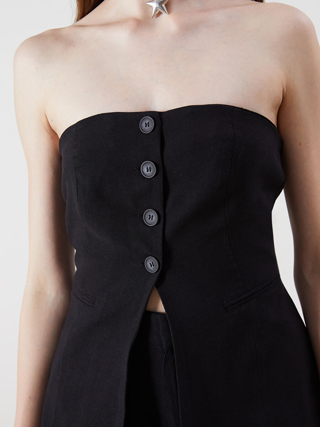 Siyah Straplez Yaka Keten Karışımlı Kadın Klasik Yelek-2