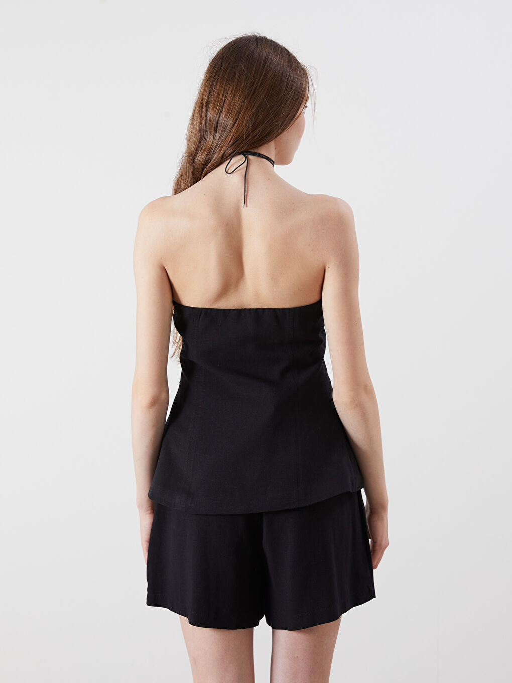 Siyah Straplez Yaka Keten Karışımlı Kadın Klasik Yelek-3