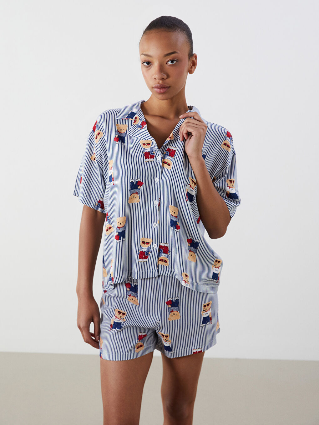 Teddy Bear Printed Women's Shortie Pyjama Set -S5OT86Z8-LSJ