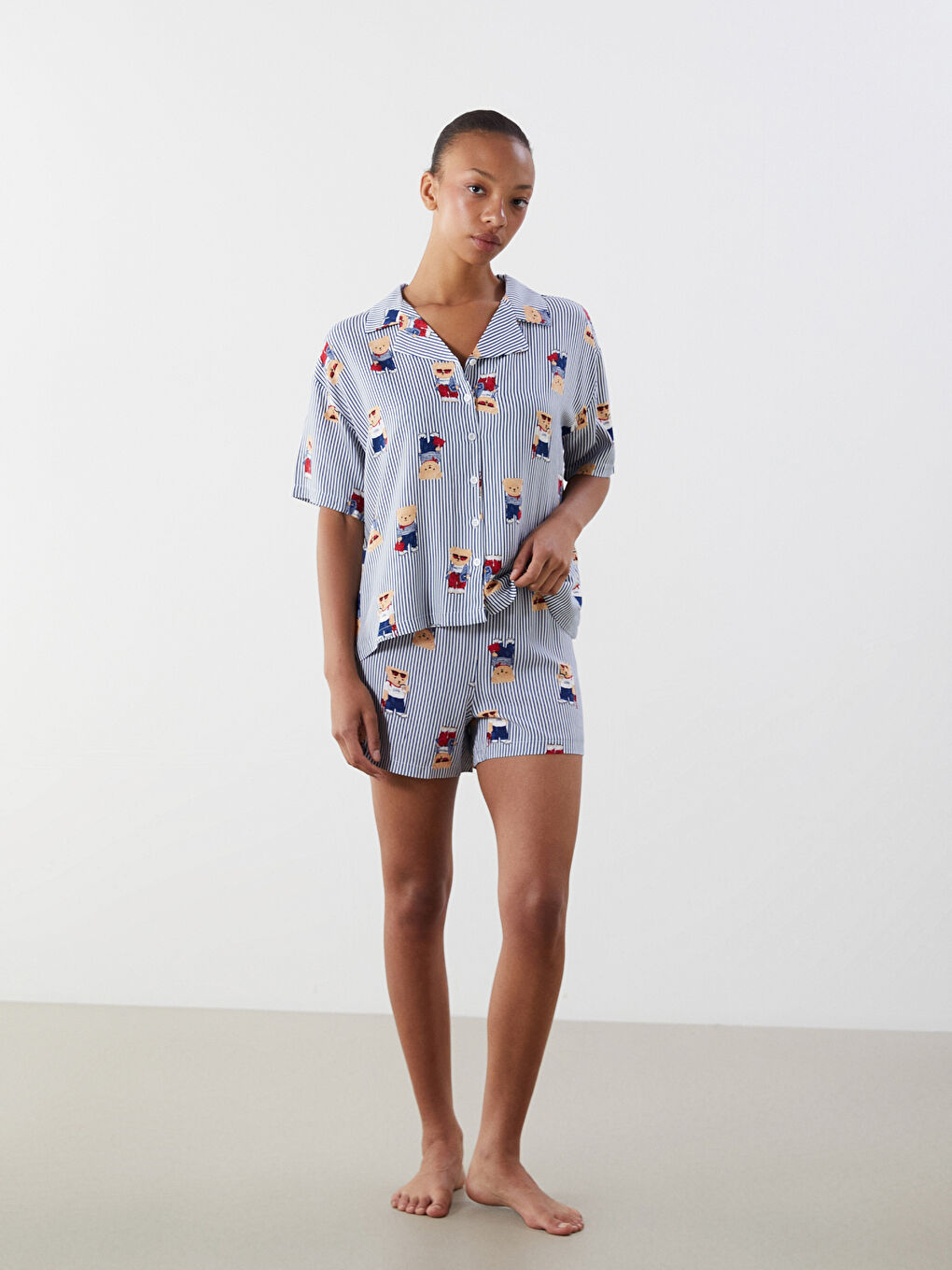 Teddy Bear Printed Women's Shortie Pyjama Set -S5OT86Z8-LSJ