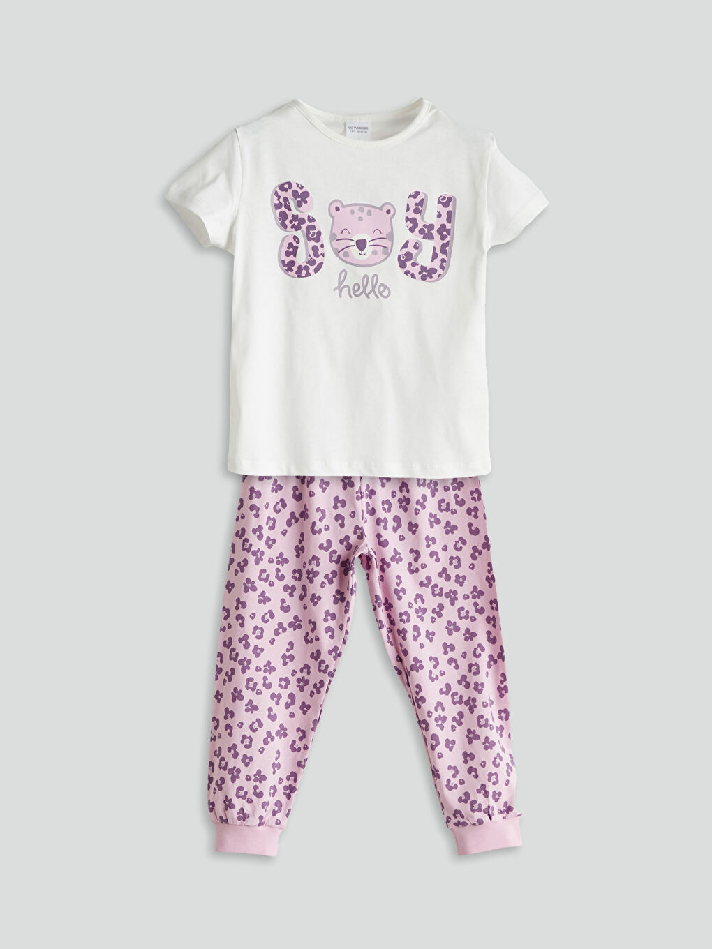 Ekru Bisiklet Yaka Baskılı Kız Çocuk Pijama Takımı