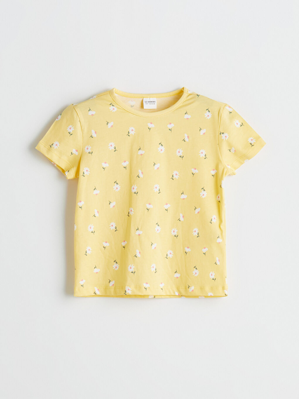Sarı Bisiklet Yaka Çiçek Baskılı Kız Çocuk Tişört