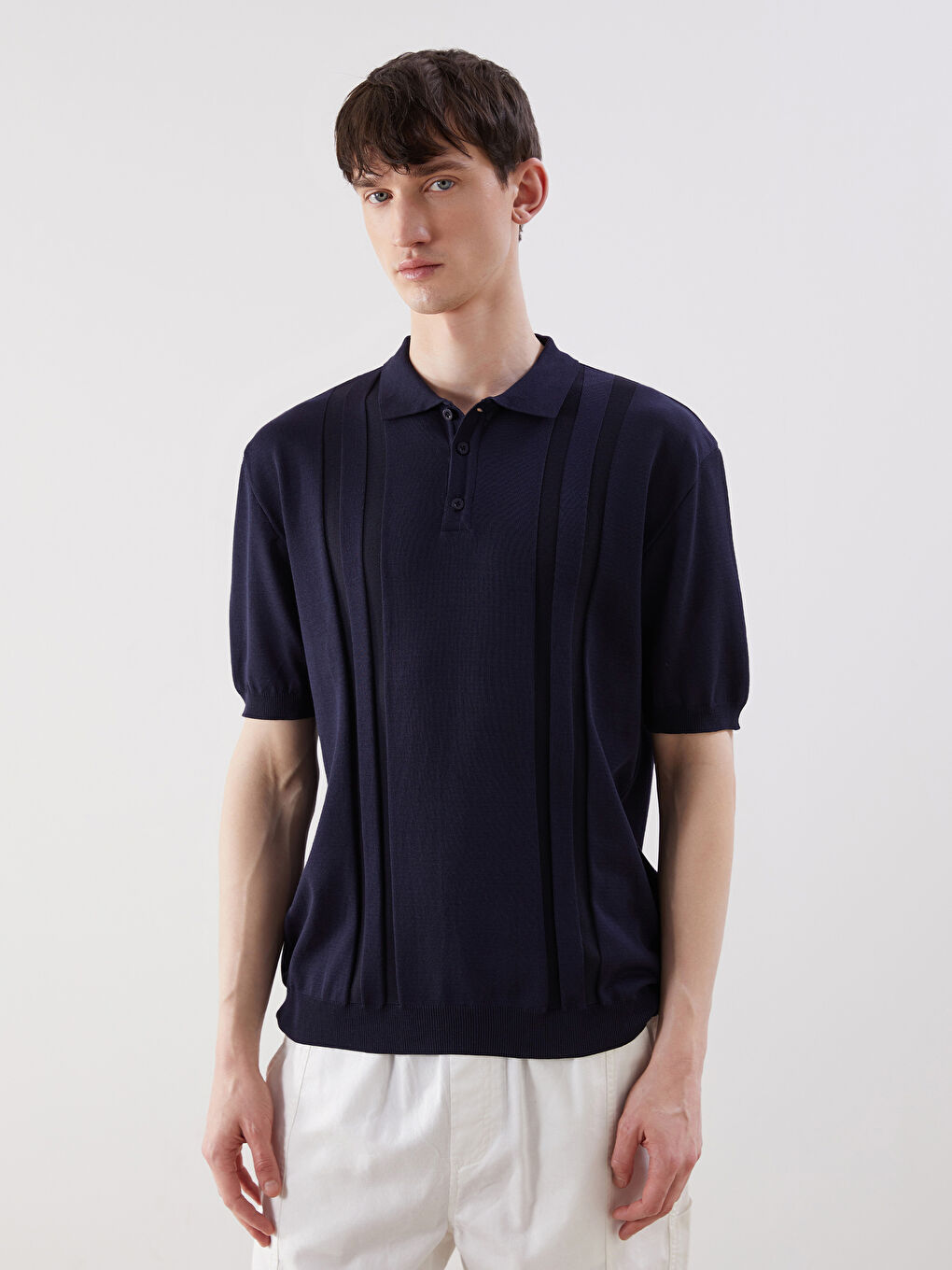 Lacivert Polo Yaka Kısa Kollu Erkek Triko Kazak