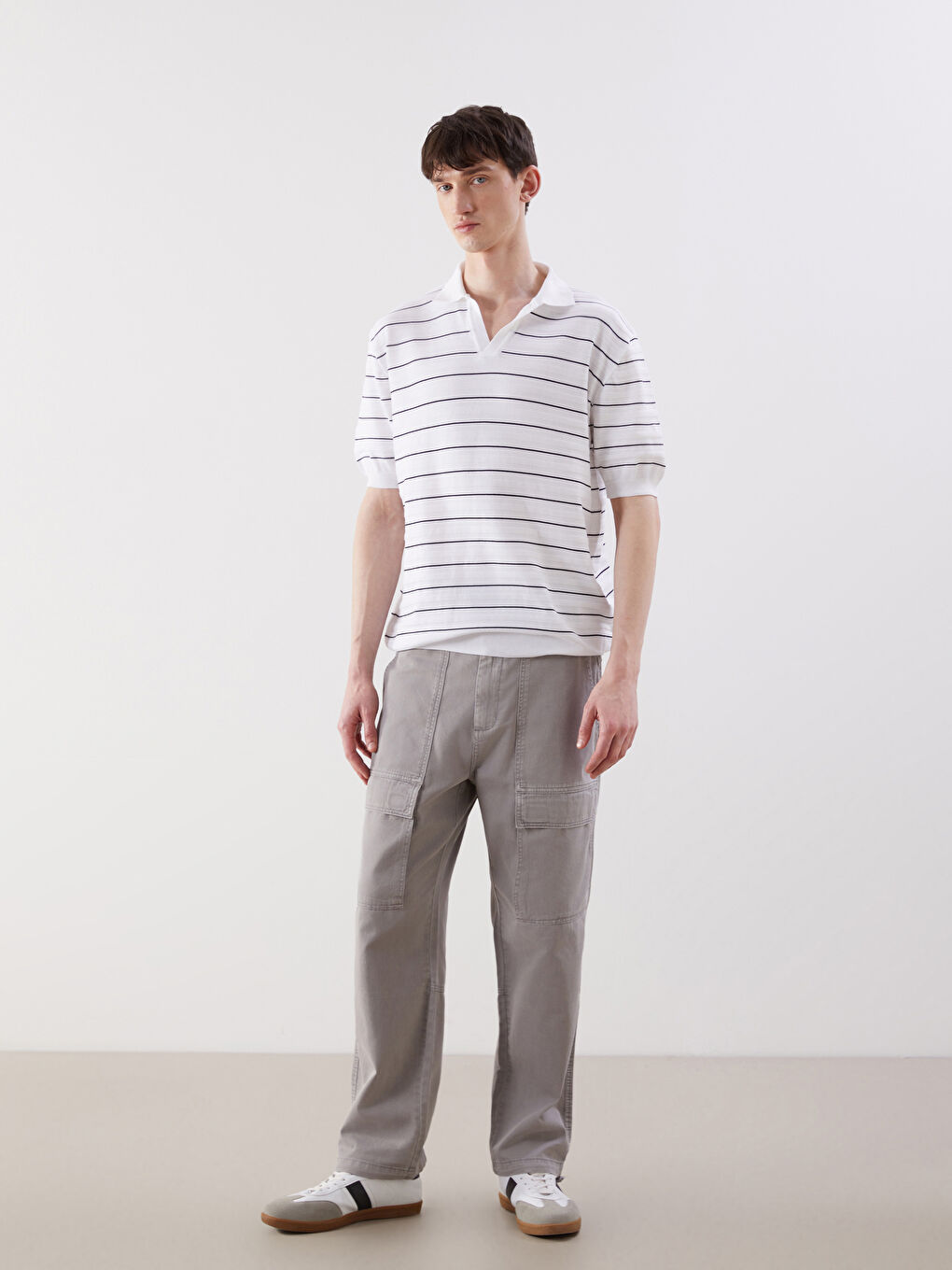 Ekru Polo Yaka Kısa Kollu Erkek Dokulu Triko Kazak-1