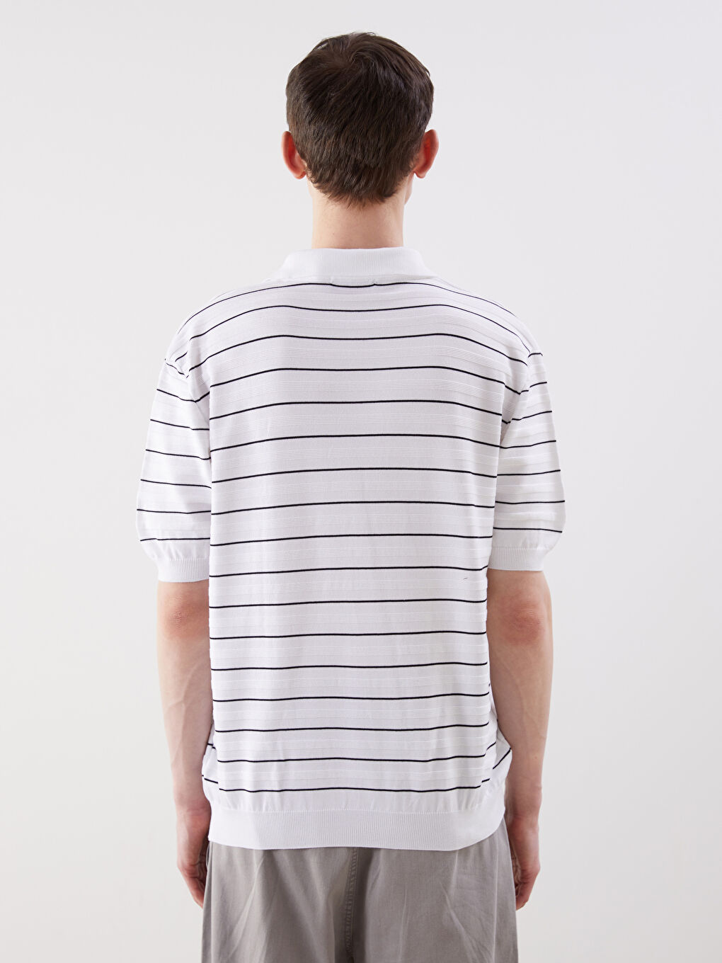 Ekru Polo Yaka Kısa Kollu Erkek Dokulu Triko Kazak-3