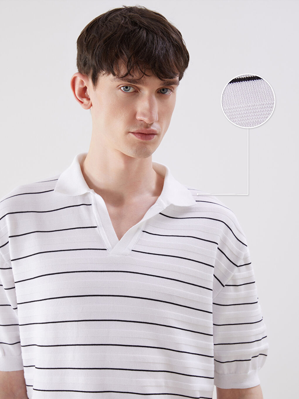 Ekru Polo Yaka Kısa Kollu Erkek Dokulu Triko Kazak