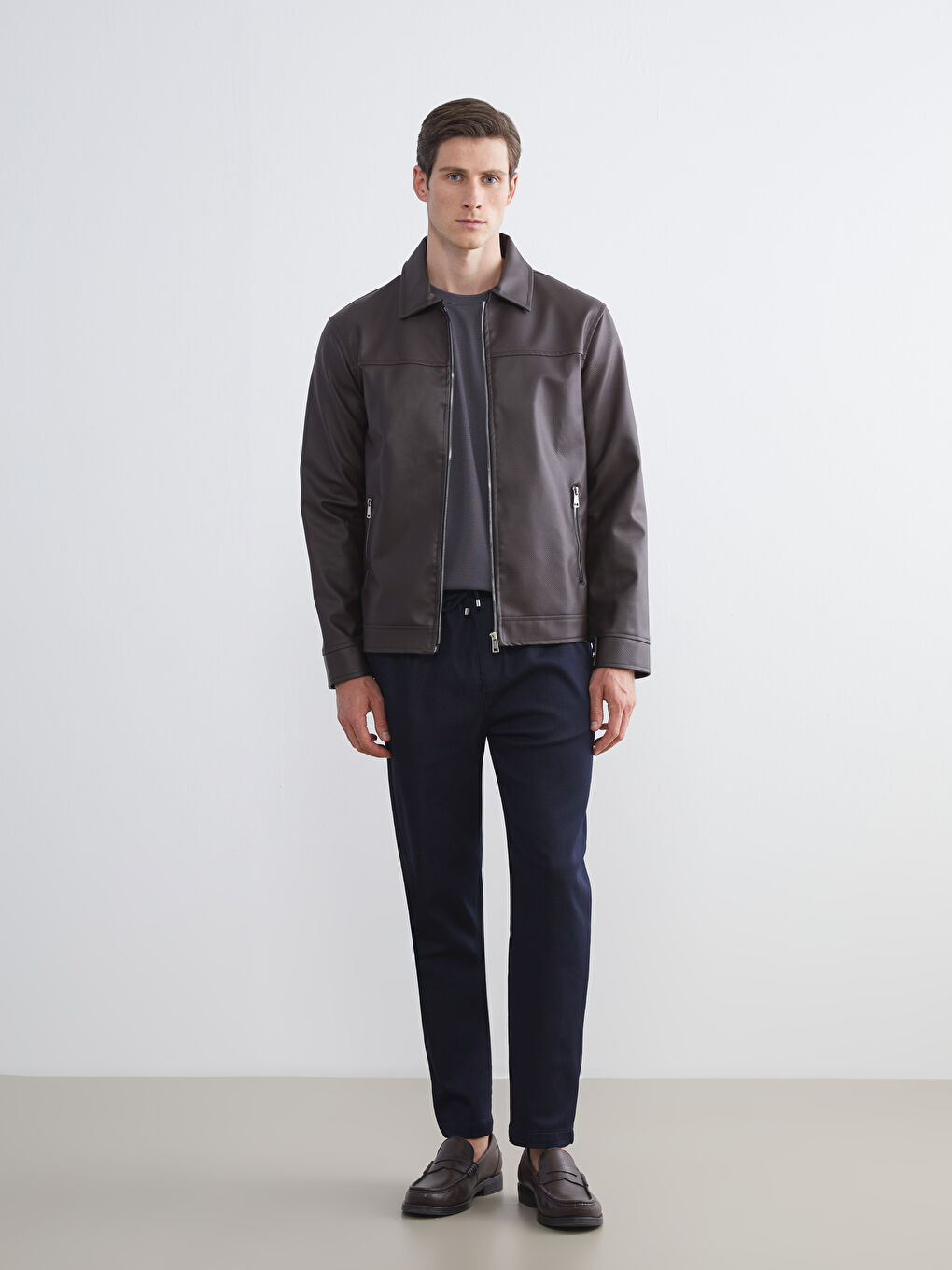 Kahverengi Slim Fit Gömlek Yaka Erkek Deri Görünümlü Ceket-1