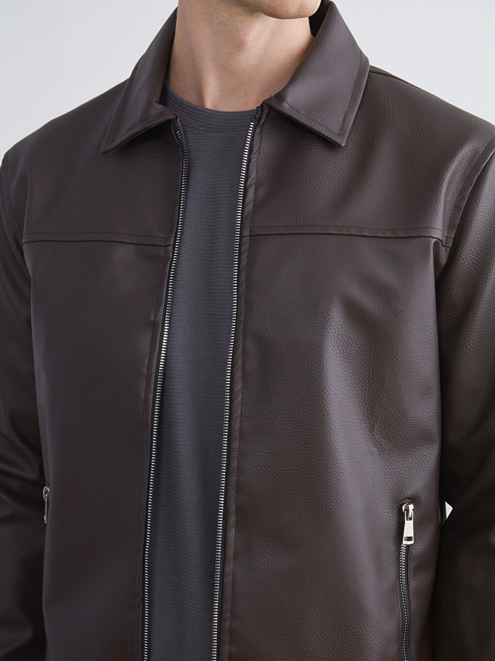 Kahverengi Slim Fit Gömlek Yaka Erkek Deri Görünümlü Ceket-2