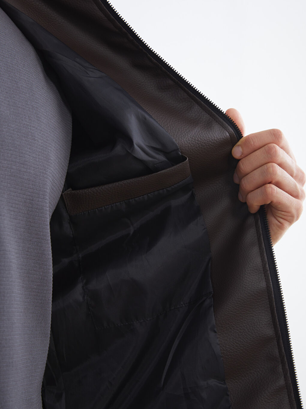 Kahverengi Slim Fit Gömlek Yaka Erkek Deri Görünümlü Ceket-3