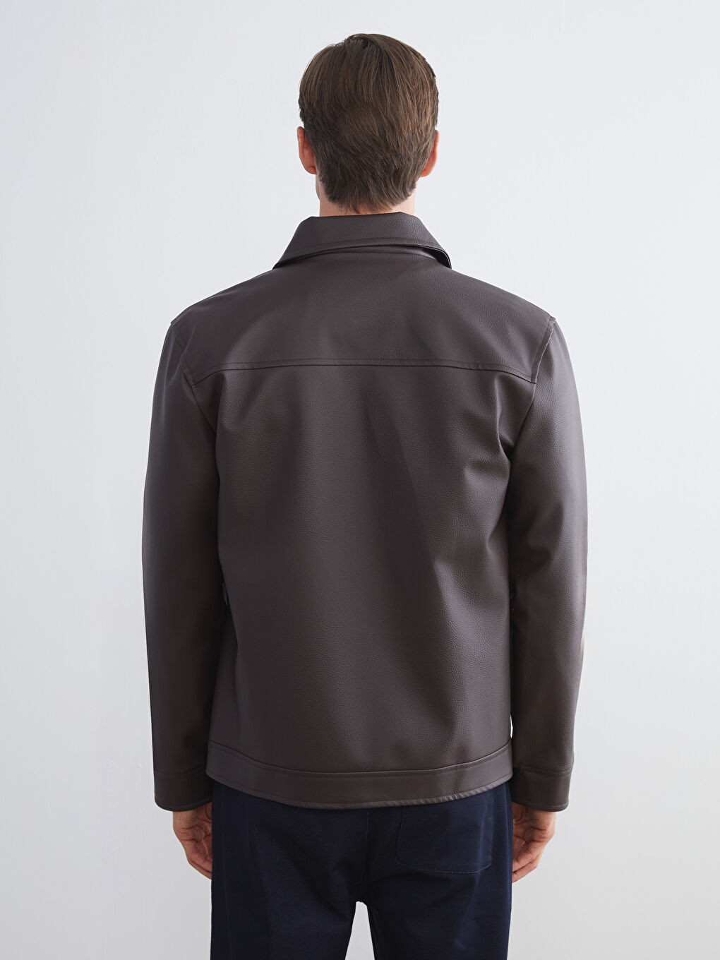 Kahverengi Slim Fit Gömlek Yaka Erkek Deri Görünümlü Ceket-4