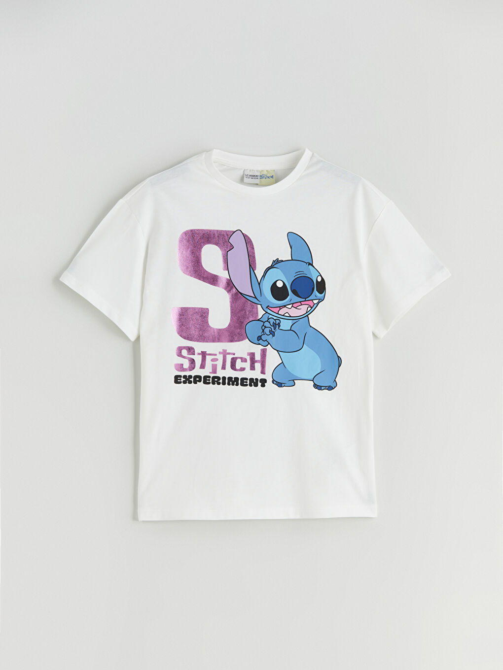 Ekru Bisiklet Yaka Stitch Baskılı Kız Çocuk Tişört