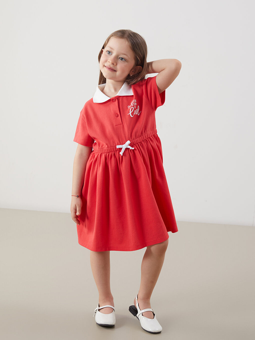 LCW Kids Kirmizi Polo Yaka Kız Çocuk Pike Elbise