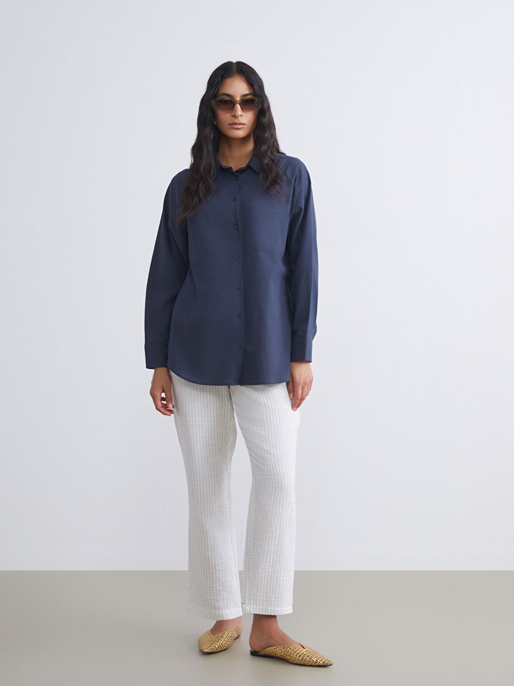 نساء سروال مخطط مظهر الكتان خصر مطاطي