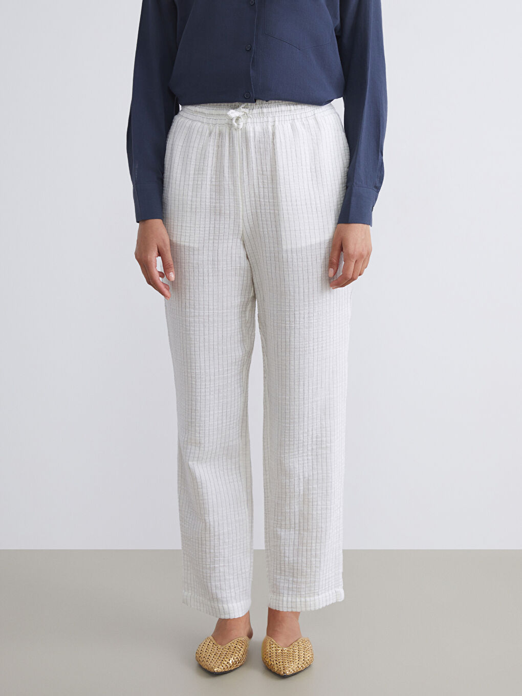 نساء سروال مخطط مظهر الكتان خصر مطاطي-1