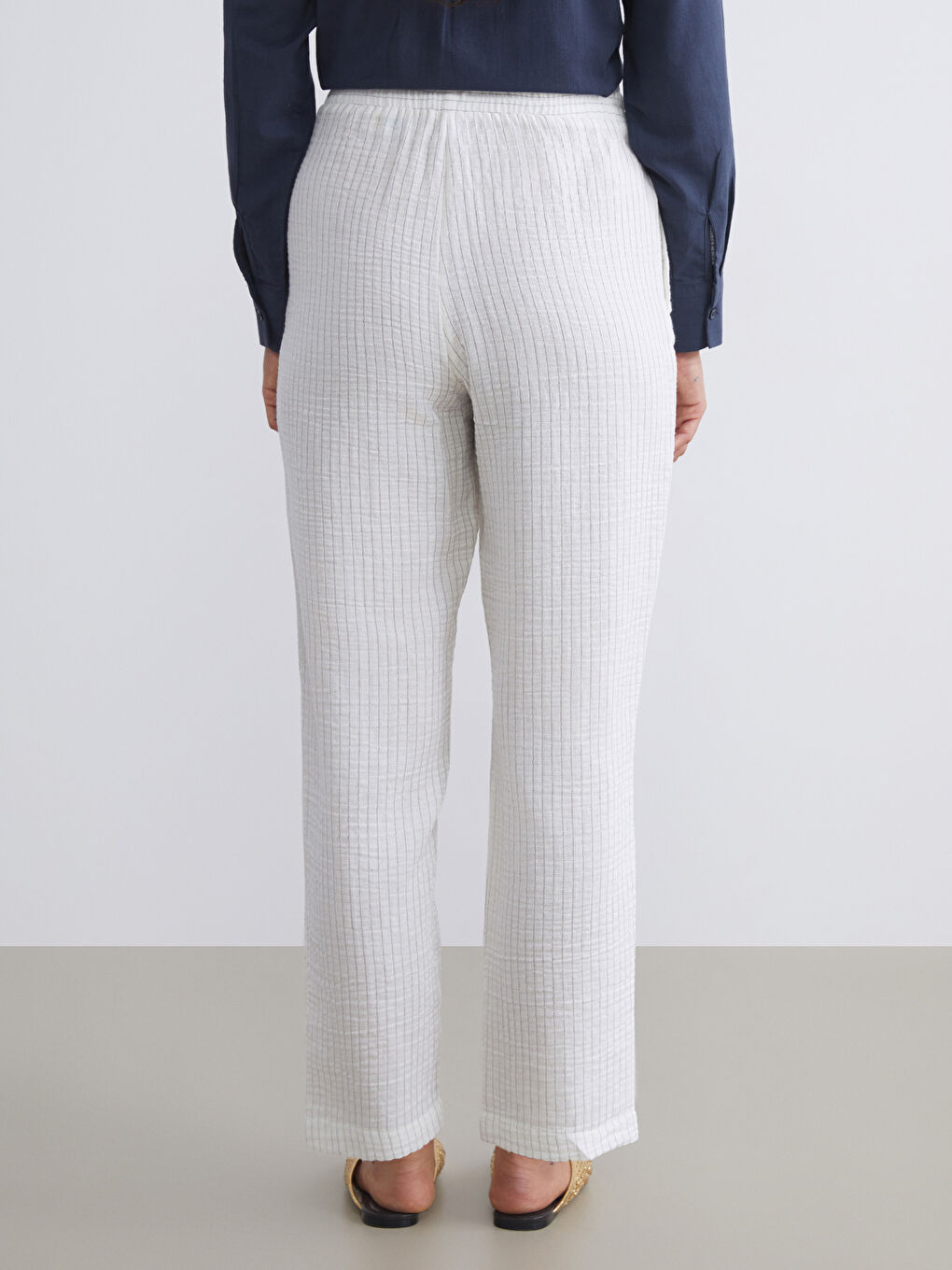 نساء سروال مخطط مظهر الكتان خصر مطاطي-3