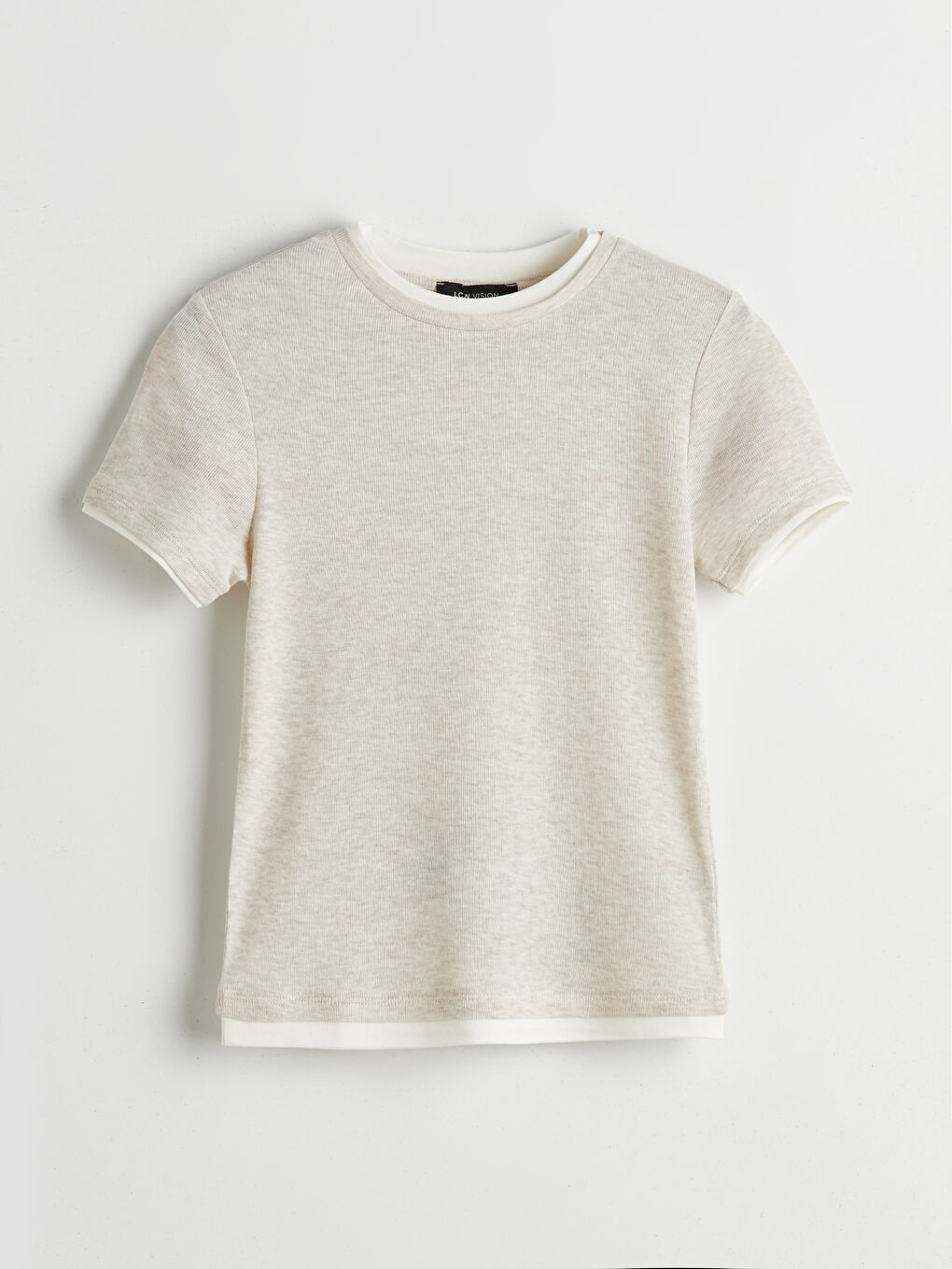 Bej Bisiklet Yaka Kadın Tişört-4