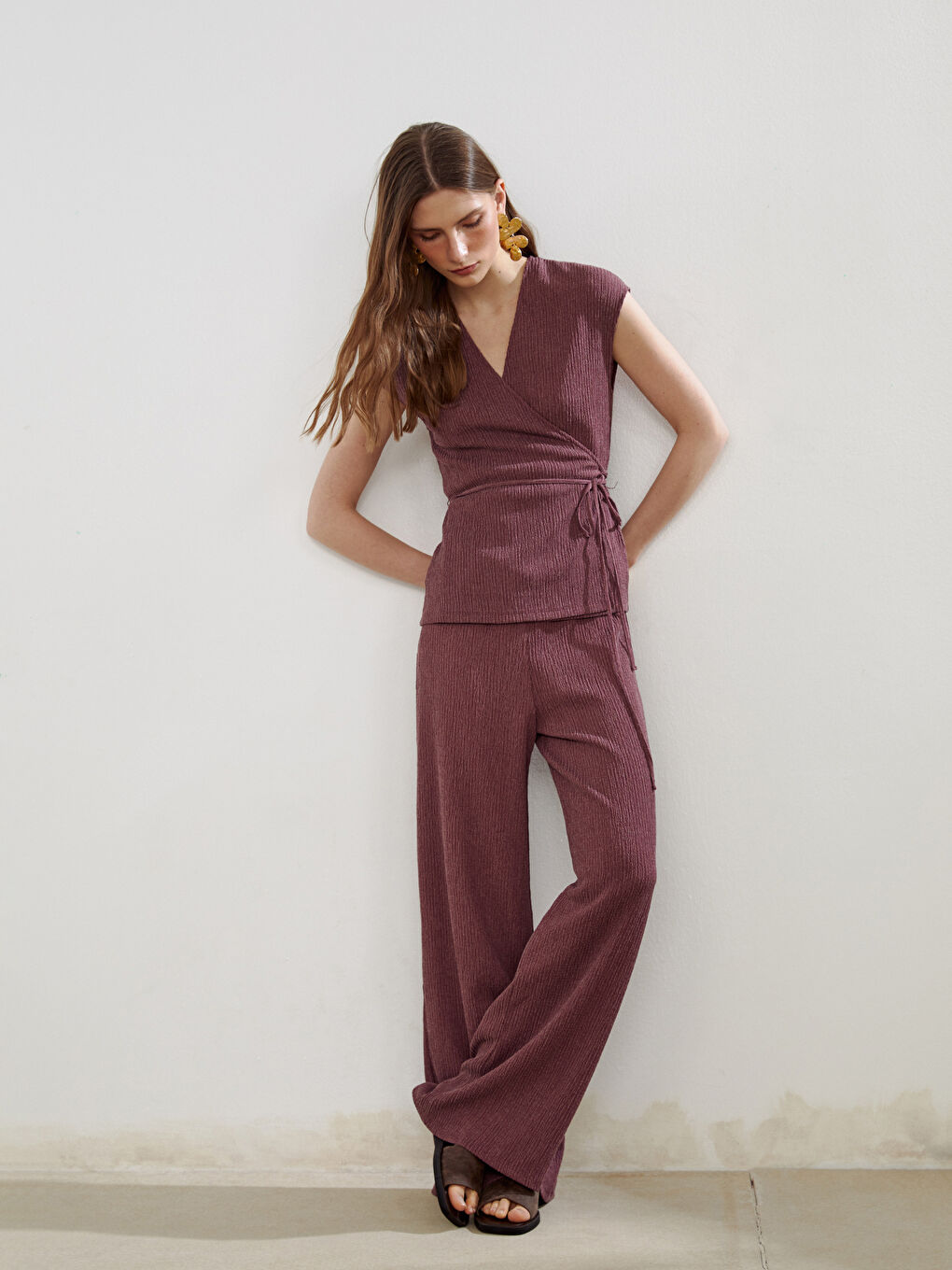 Elastic Waist Textured Women's Trousers -S5P157Z8-R60