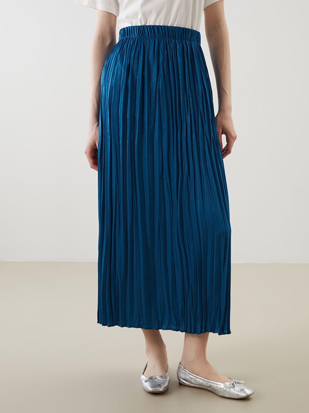 Petrol Beli Lastikli Pileli Etek-1