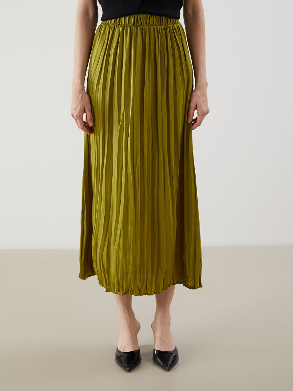 Haki Beli Lastikli Pileli Etek-1