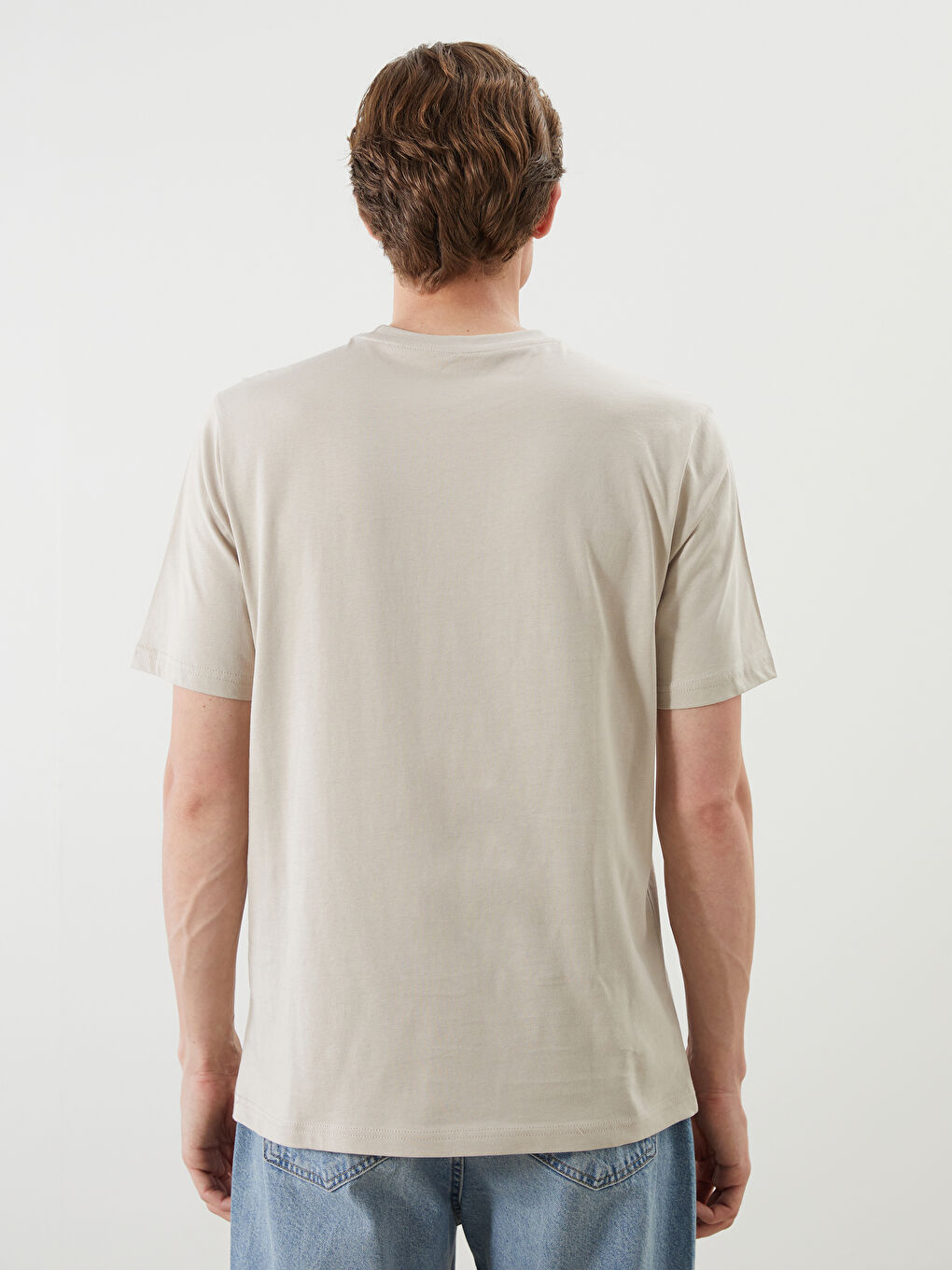 Bej Bisiklet Yaka Baskılı Penye Erkek Tişört-3