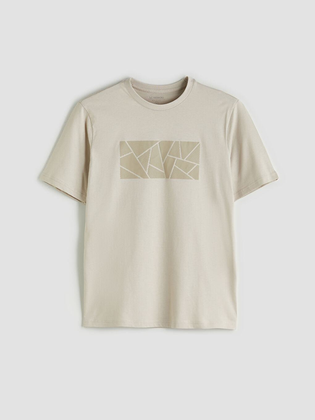 Bej Bisiklet Yaka Baskılı Penye Erkek Tişört-4