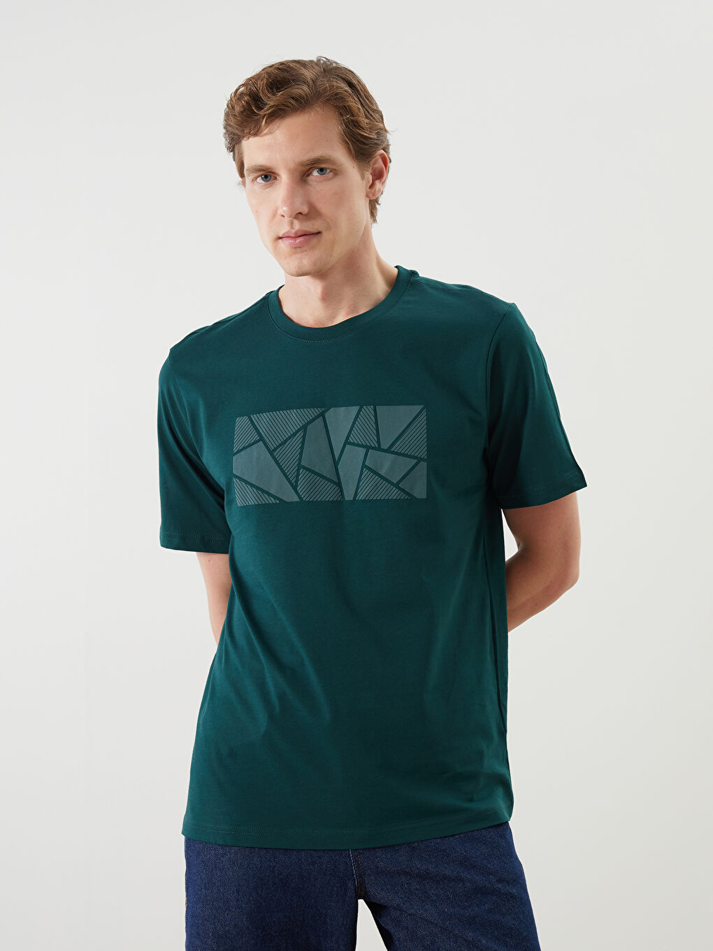 Yeşil Bisiklet Yaka Baskılı Penye Erkek Tişört