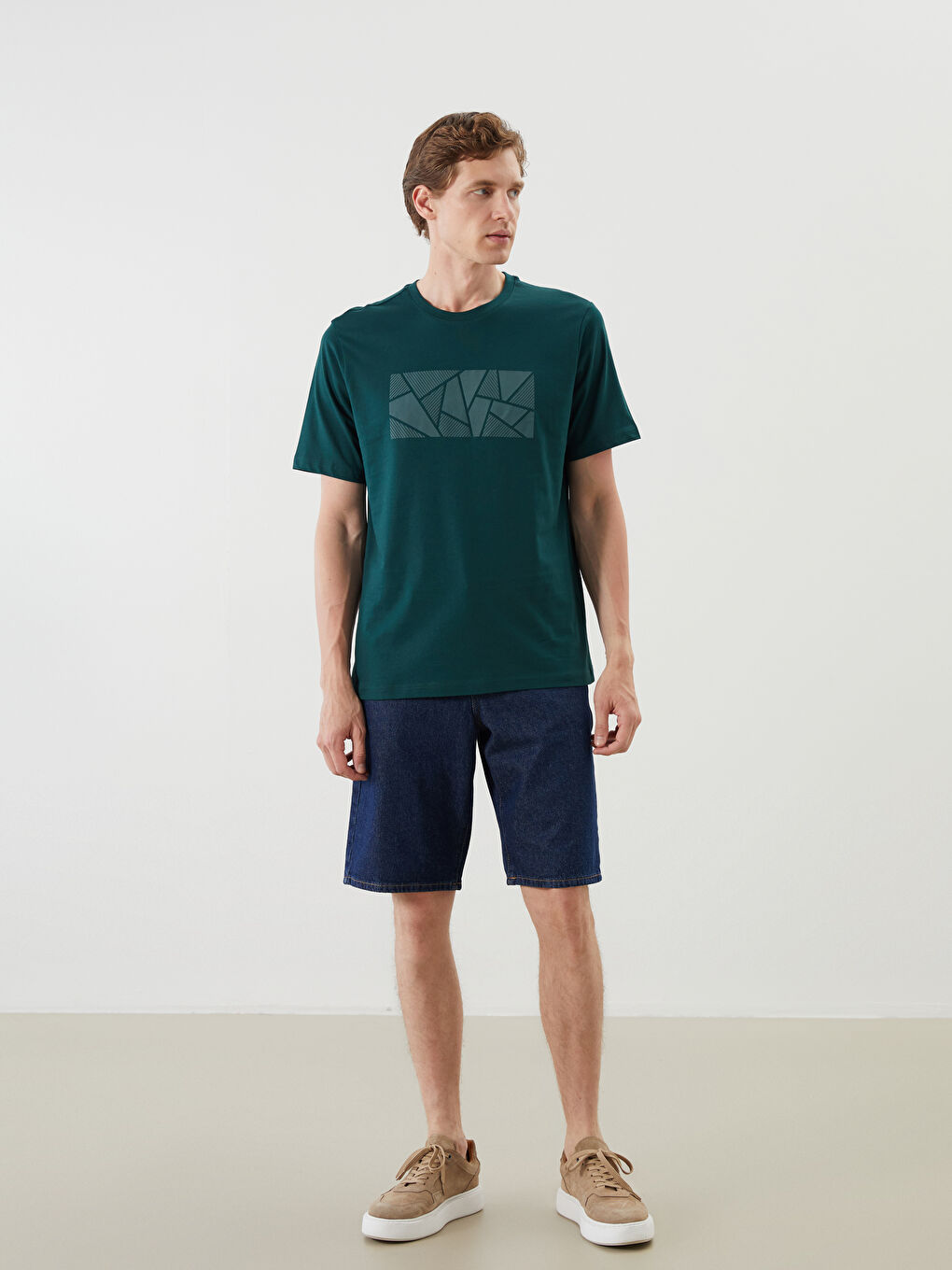 Yeşil Bisiklet Yaka Baskılı Penye Erkek Tişört-1