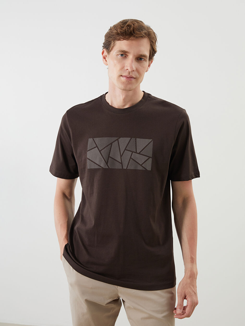 Kahverengi Bisiklet Yaka Baskılı Penye Erkek Tişört