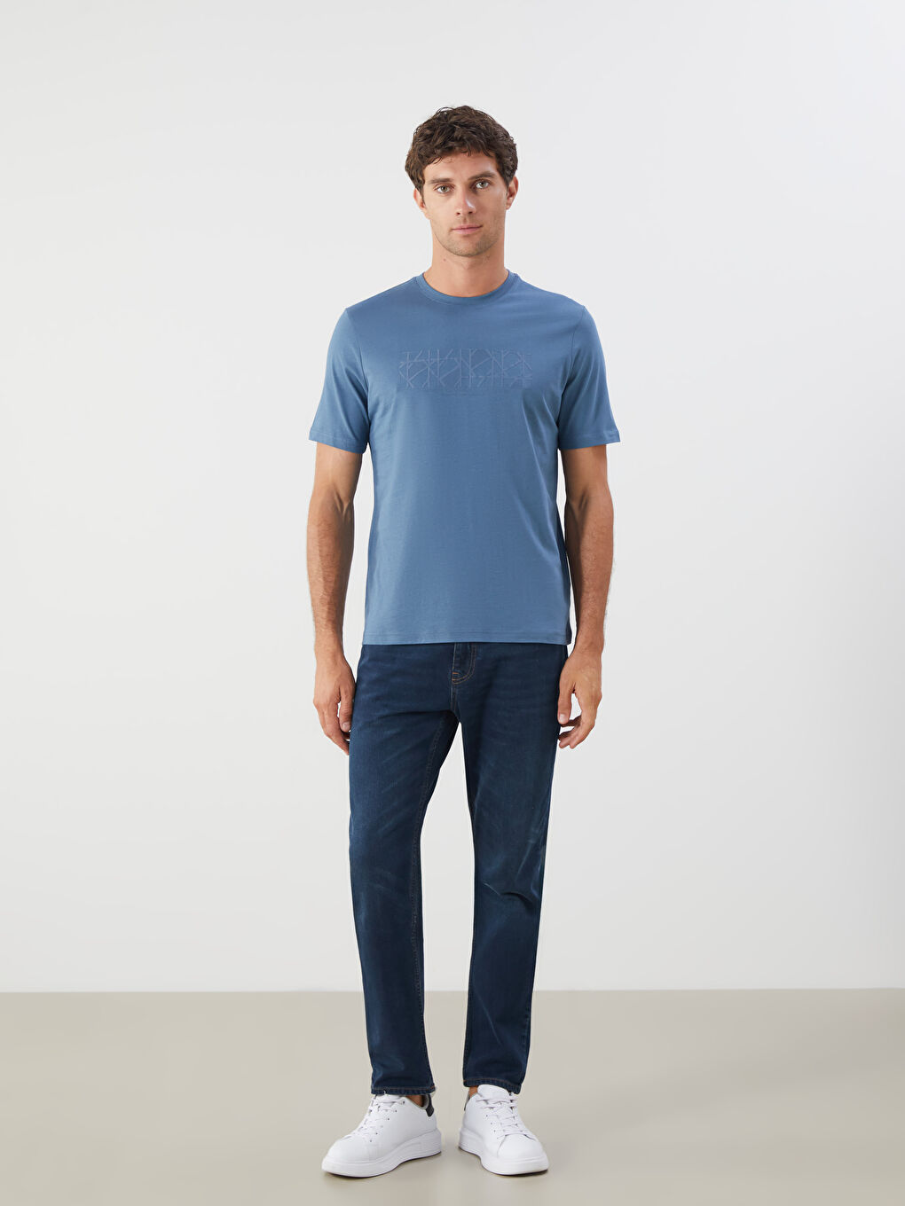 İndigo Bisiklet Yaka Baskılı Penye Erkek Tişört-1