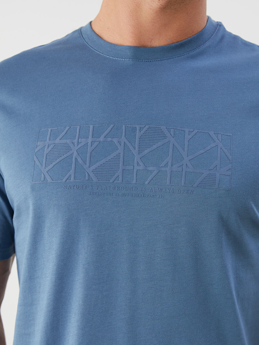 İndigo Bisiklet Yaka Baskılı Penye Erkek Tişört-2
