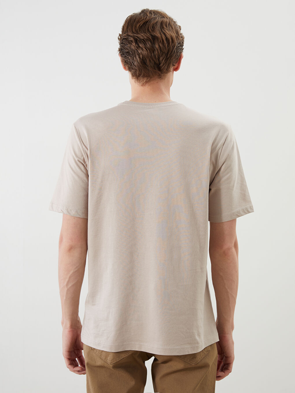 Bej Bisiklet Yaka Baskılı Penye Erkek Tişört-3