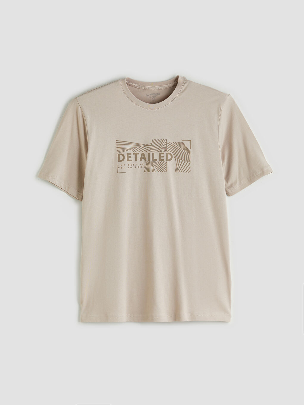 Bej Bisiklet Yaka Baskılı Penye Erkek Tişört-4