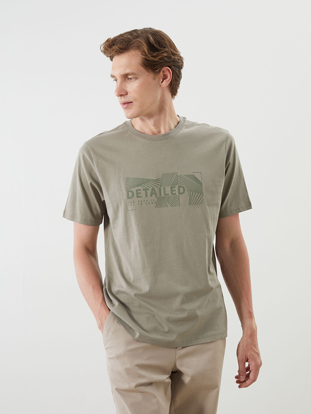 Haki Bisiklet Yaka Baskılı Penye Erkek Tişört